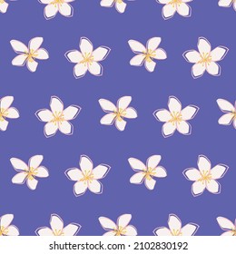 Jasmine floral vector seamless pattern background. Line art hand drawn flower heads, blossom, petals. White, yellow, periwinkle purple violet backdrop.Botanical repeat for medicinal healing plant.