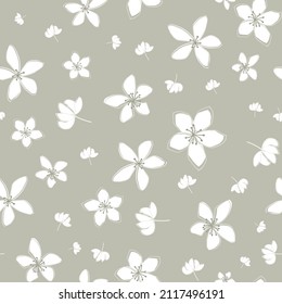 Jasmine floral vector seamless pattern background. Line art hand drawn flower heads, blossom, petals.Neutral ecru beige backdrop.Botanical repeat for medicinal healing plant. Print for wellness
