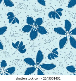 Jasmine floral vector seamless pattern background. Line art hand drawn flower heads with painterly texture blend. Monochrome blue backdrop. Botanical repeat for medicinal healing plant. All over print