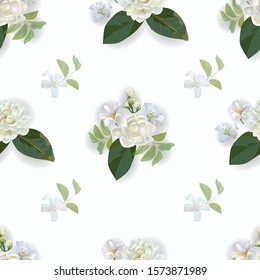 Jasmine flower bouquet seamless pattern on white background