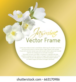 Jasmine flower circle vector frame illustration, mock orange plant branch. Realistic bush twig with buds, white petals, yellow pollen on stamens. Inflorescence round border card template with text.