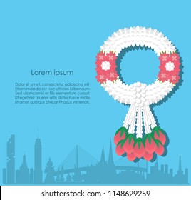 Jasmine flower garland in Thai style on white background,for Buddhist ceremony or Thai special event,vector illustration