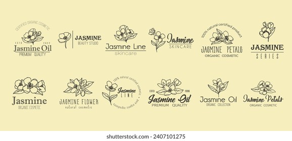 Jasmine flower minimal emblem, natural skin care cosmetics and oil. Vector set of minimalist labels with blossoms, encapsulating purity and nature, symbolizing nature, simple elegance, true beauty