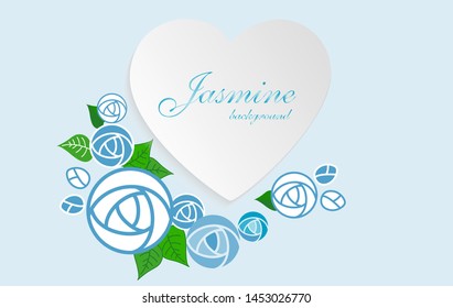 Jasmine flower on blue background , Vector illustration, Jasmine is known as the symbol of Mother's Day in Thailand , Heart Shape Card .