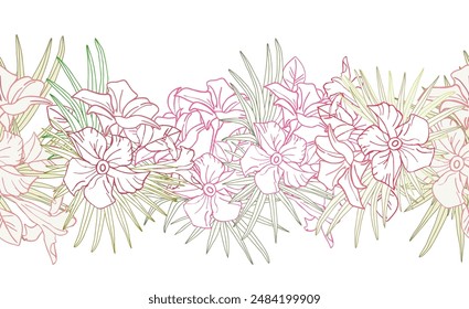 Jasmine flower and palm leaves line art seamless pattern boarder for textile, scrapbook or wallpaper. Delicate tropical flower, vector background.