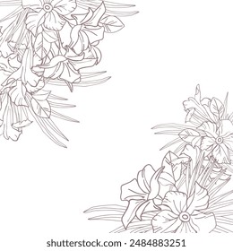 Jasmine flower and palm leaves line art frame for card, invite, scrapbook or wallpaper. Delicate tropical flower, vector background.