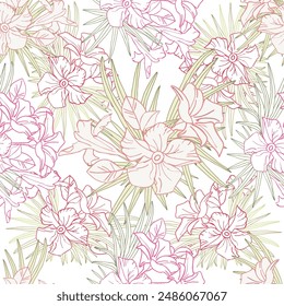 Jasmine flower and palm leaves line art seamless pattern for textile, scrapbook or wallpaper. Delicate tropical flower, vector background.