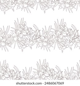 Jasmine flower and palm leaves line art seamless pattern for textile, scrapbook or wallpaper. Delicate tropical flower striped, vector background.