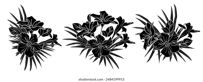 Jasmine flower and palm leaves silhouette composition for design of card,stickers, scrapbook. Delicate tropical flower, vector background.