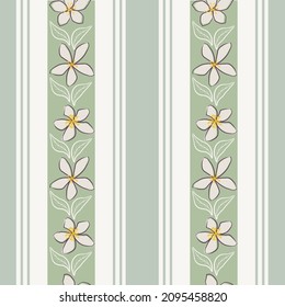 Jasmine flower and regent stripe vector seamless pattern background. Line art hand drawn flowers on parallel vertical thin and wide stripes. Sage green white floral botanical regency design repeat
