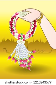 jasmine flower and rose flower crown flower garland thai style on gold background for thai ,asian and vintage design