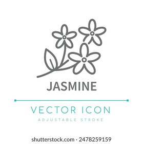 Icono de línea de aroma de flor de jazmín, símbolo de sabor de comida, símbolo de Vector de fragancia de vela y jabón, etiqueta de logotipo de ingrediente de perfume de cosméticos 