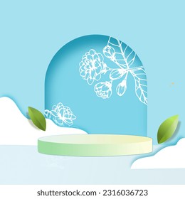 Jasmine flowers with  blue podium background vector design. blue theme podium for presentation