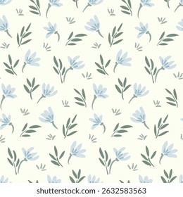 Jasmine flowers and leaves scattered in the wind, forming a minimalist botanical pattern in colors of blue, green and beige. Seamless vector pattern. Great for home decor, fabric, wallpaper, gift wrap