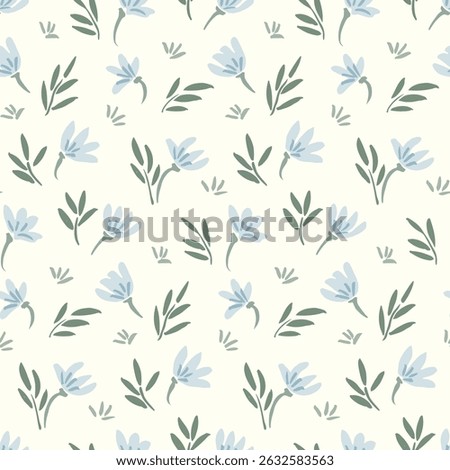 Jasmine flowers and leaves scattered in the wind, forming a minimalist botanical pattern in colors of blue, green and beige. Seamless vector pattern. Great for home decor, fabric, wallpaper, gift wrap