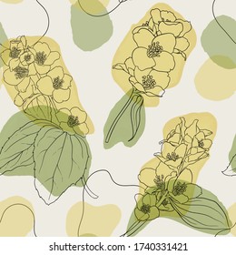 Jasmine flowers and leaves vintage seamless pattern. Hand draw outline branch and twig jasmine with abstract shapes and lines pastel colors. design greeting cards and invitations. vector illustration
