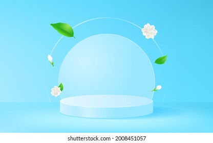 Jasmine flowers with light blue product stage display background vector design. blue theme podium for presentation