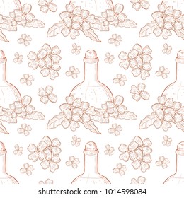 Jasmine. Flowers and oil, perfume. Sketch. Background, wallpaper, seamless. Monochrome