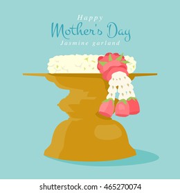 Jasmine garland on the tray with pedestal, and the tradition of Thailand to celebrate Mother's day in Thailand, illustration simple design.