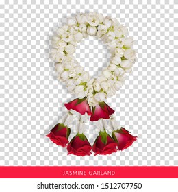 Jasmine garland and rose On Transparent background. Symbol of Mother’s day in Thailand. 3D Realistic Vector illustration