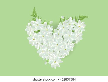 Jasmine heart shape on green background.isolated pictures  for card or object