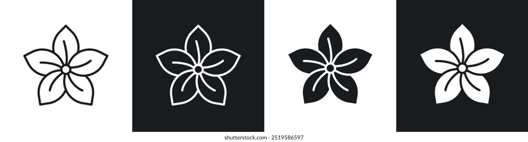 Jasmine icon collection in black and white filled and stroke line style.