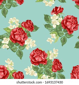 Jasmine and rose flowers in vector realistic graphic illustration