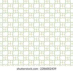 Jasmine. Seamless pattern with white jasmine flowers four petals in green outline, no background. Vector illustration for print, wallpapers, fabrics, wrapping paper, postcards and other projects.