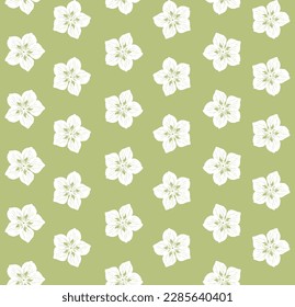 Jazmín. Patrón inmaculado con siluetas blancas de flores de jazmín aisladas en un fondo verde. Ilustración vectorial para papel impreso, papel tapiz, telas, papel envolvente, postales.