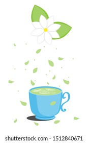 Jasmine tea with a jasmine flower on top and falling leaves. Illustration for menu, bar card or cafe design. Blue cup and herbal wholesome tea. White background