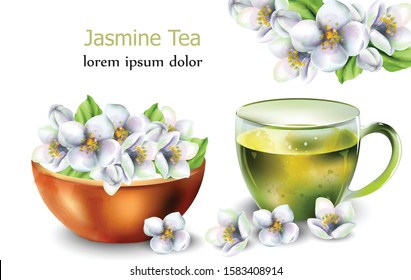 Jasmine tea with flowers decorations. White isolated background.