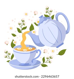 Jasmine Tea ist ein aromatisiertes, beruhigendes Getränk, das aus grünen oder schwarzen Teeblättern mit Jasminblumen hergestellt wird. Es hat einen zarten, blumigen Aroma und einen glatten, erfrischenden Geschmack. Cartoon-Vektorgrafik