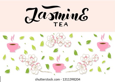 Jasmine tea lettering typography. Handdrawn leaves, flowers and pink cups of tea. Vector illustration for tea packaging design. Logotype, icon, badge, label. 
