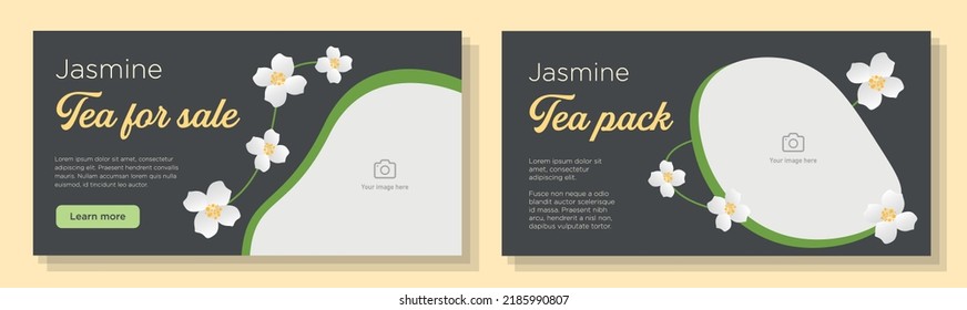 Jasmine tea online banner template set, herbal drinks store advertisement sign, warm organic beverage horizontal ad, tea leaves shop content marketing post, creative brochure, isolated on background.