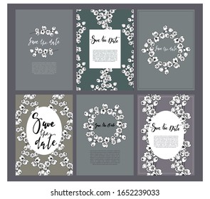 jasmine twigs wedding card invitation collection with hand drawn lettering, save the date cards set with floral patterns. jasmine flowers and hand drawn frames, floral vintage wreaths. 
