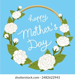 Jasmine wreath on blue background with handwriting word of happy Mother’s Day in the center for artwork design of banner, poster and card.