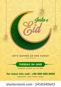 Jasne-E- Eid Party or Invitation Card Design with Crescent Moon, Stars Hang on Yellow Islamic Pattern and Venue Detail.