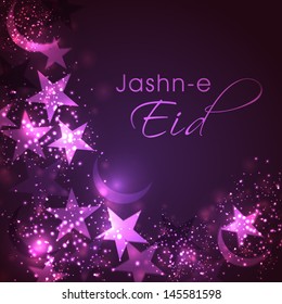 Jasn-E-Eid ( Celebration of Eid Festival) with shiny stars on abstract purple background.