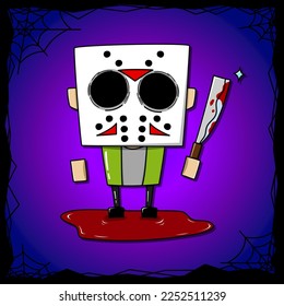 Jason, in cartoon vector style, is depicted with a unique mask and a spata knife. He is standing on a bloody floor with a purple background and a black spider web frame. This is a Halloween character.