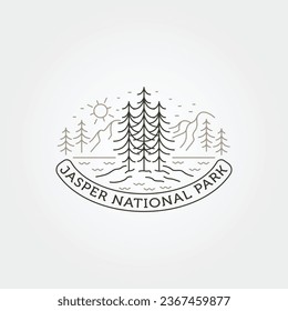 jasper national park with pines logo vector symbol illustration design, exotic mountain outdoor line art logo design