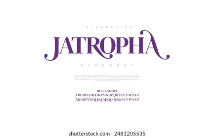 Jatroph premium luxury elegant alphabet letters and numbers. Vintage wedding typography classic serif font decorative vintage retro. creative vector illustration