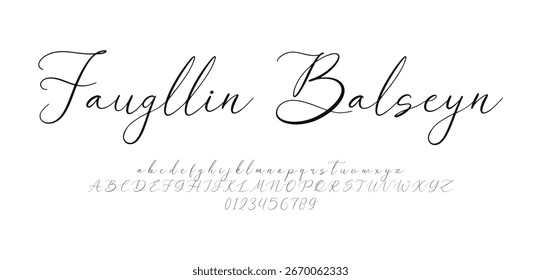 Jaugllin Balseyn, Alfabeto vetorial desenhado à mão. Fonte moderna de script de assinatura monocromática. Fonte de assinatura elegante. Melhor Alfabeto Bela Caligrafia Assinatura Fontes

