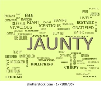 Jaunty text presented on grey color in black shadow with together related vocab terminology vector abstract colorful educational background.