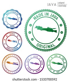 Java badge. Colorful polygonal island symbol. Multicolored geometric Java logos set. Vector illustration.