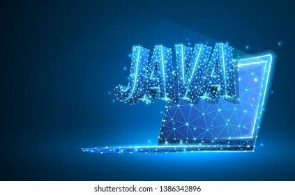JAVA coding language on notebook screen. Device, programming, developing concept. Abstract, digital, wireframe, low poly mesh, vector blue neon 3d illustration. Triangle, line, dot, star