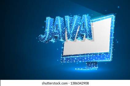 JAVA coding language on white monitor screen. Device, programming, developing concept. Abstract, digital, wireframe, low poly mesh, vector blue neon 3d illustration. Triangle, line, dot, star