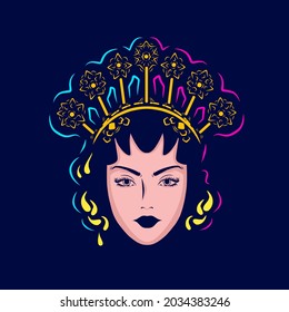 Java costume people woman batik art logo. Colorful Indonesian traditional asian ethnic wedding dress design. Isolated vector dark background illustration. 