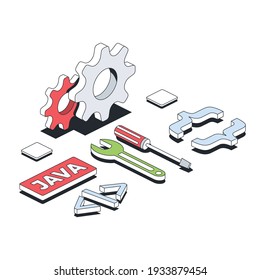 Java developer, gears settings, wrench tool and screwdriver abstract composition. Vector 3d line isometric, color web icons, new flat style. Creative illustration, design idea for infographics.