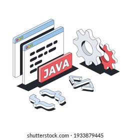 Java development, window screen, cog gears, abstract elements. Vector 3d line isometric, color web icons, new flat style. Creative illustration, design idea for infographics.
