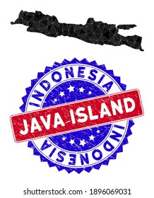 Java Island map polygonal mesh with filled triangles, and rough bicolor stamp print. Triangle mosaic Java Island map with mesh vector model, triangles have different sizes, and positions,